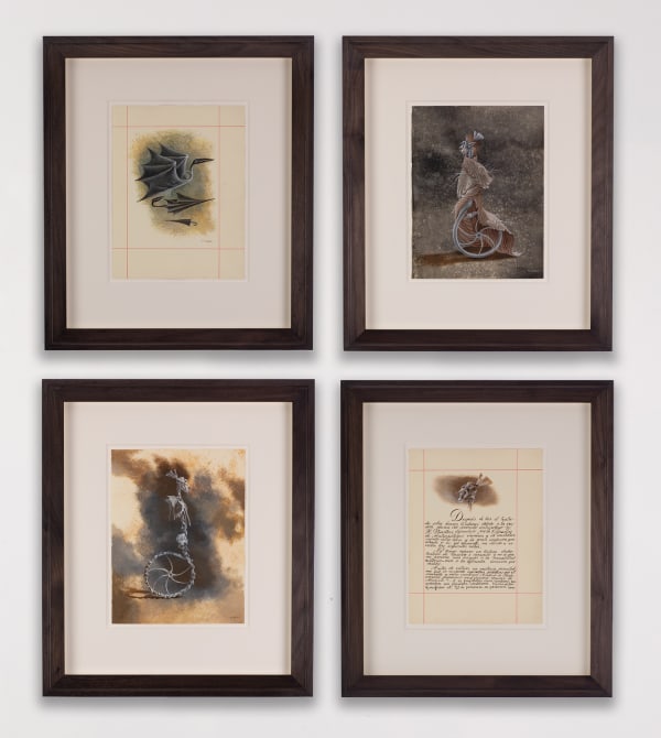 Remedios Varo, from ‘De Homo Rodans - Pterodáctilo’, Animal fantástico, Cabeza de Homo Rodans, Homo Rodans, each 1959 © 2022 Artists Rights Society (ARS).