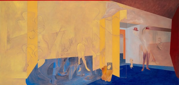 Leo Marz, It’s Always the Same Story- a Scream- a Jump- You Wake Up, 2023, oil on linen, 45 1/2 x 95 1/2 inches
