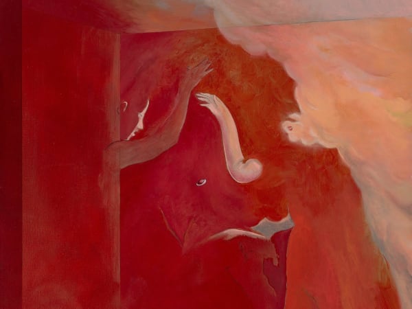 Leo Marz, Use Me as Dislike Button, detail, 2023, oil on linen, 45 1/2 x 31 3/4 inches
