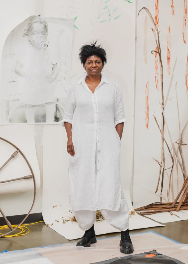 María Magdalena Campos-Pons, in her studio at Vanderbilt University, in Nashville. Her art combines painting, photography, video, performance and more — but draws deeply on her Afro-Cuban family history and cultural roots. Gabriel McCurdy for The New York Times