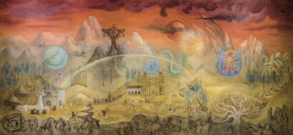 Leonora Carrington, El mundo mágico de los mayas (The Magical World of the Mayans), 1963–64, casein tempera on panel, 6' 6 3⁄4" × 14' 1 3⁄4". © Estate of Leonora Carrington/Artists Rights Society (ARS), New York.