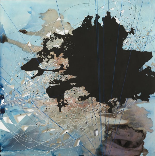 Val Britton, Reverberation #65, 2021, acrylic, ink, colored pencil, collage, and cut out paper, 36 x 36 inches