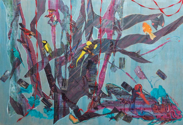 crowded dreams or how the dead speak, 2020. Pigment, UV inkjet print, silk and cotton sari fabric and alpaca yarn on linen 72 x 96 inches