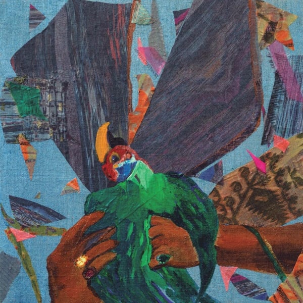 hold, 2020. Pigment, UV inkjet print, silk and cotton sari fabric on linen, 16 x 16 inches
