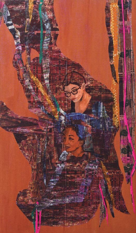 cut on the bias, 2020. Pigment, Cristalina, UV inkjet print and silk and cotton sari fabric on linen 72 x 42 inches