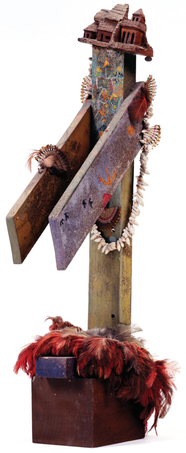 Alice Rahon, Untitled, n/d, assemblage with wood, feathers, shells, and oil, 22 x 6 x 7 inches (55.9 x 15.2 x 17.8 cm)