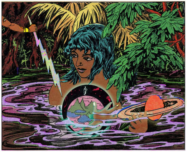 Ganesh draws from mythology, literature, and popular culture to reveal feminist and queer narratives from the past and to imagine new visions of the future