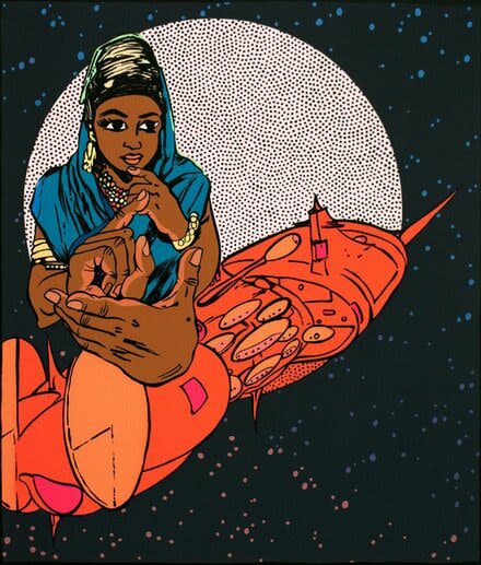 Chitra Ganesh, The Fortuneteller, 2014. Screenprint, woodblock, and gold leaf. 25 3/4 x 22 1/8 inches. Courtesy the artist and Durham Press.