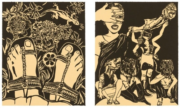 Chitra Ganesh, left: Sultana’s Dream: Chappals in the Grass, right: Sultana's Dream: Lions Are Stronger Than Men. Linocuts, 20 1/8 x 16 1/8 inches each. Courtesy the artist and Durham Press.