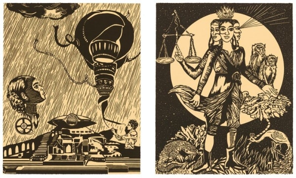 Chitra Ganesh, left: Sultana’s Dream: Water Storage, right: Sultana's Dream: Justice is Virtue. Linocuts, 20 1/8 x 16 1/8 inches each. Courtesy the artist and Durham Press.