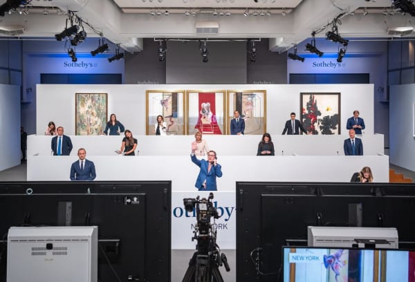From left: “Omi Obini” by Wifredo Lam, “Triptych Inspired by the Oresteia of Aeschylus” by Francis Bacon and “PH-144 (1947-Y-No.1)” by Clyfford Still were among the works included an online auction at Sotheby’s on Monday.Credit...Wifredo Lam/Artists Rights Society (ARS), New York/ADAGP, Paris; The Estate of Francis Bacon/DACS, London/Artists Rights Society (ARS), New York; City and County of Denver, via Clyfford Still Museum/Artists Rights Society (ARS), New York; Julian Cassady for Sotheby’s