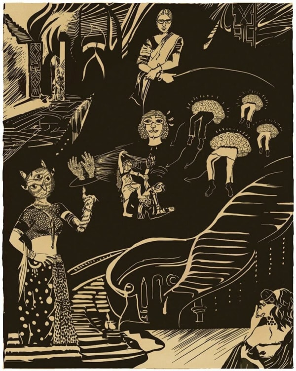 Wise Ladies Meeting, 2018, linocut on BFK Rives Tan, 280gsm, 20 × 16 inches.