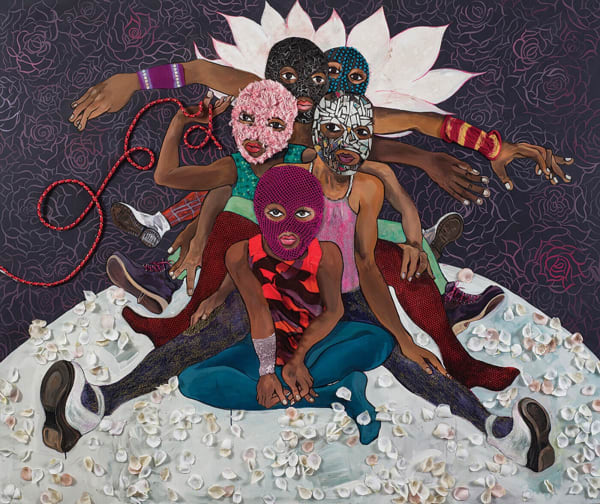 Pussy Riot, 2015, acrylic, faux flower petals, textiles, tinted plastic, rope, broken mirror, faux fur, leather, glitter, and glass on canvas, 60 × 72 inches.