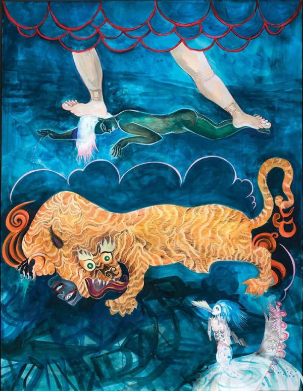 Tiger Robot, 2018, acrylic, glitter, collage, and digital print on paper, 39 × 53 inches.