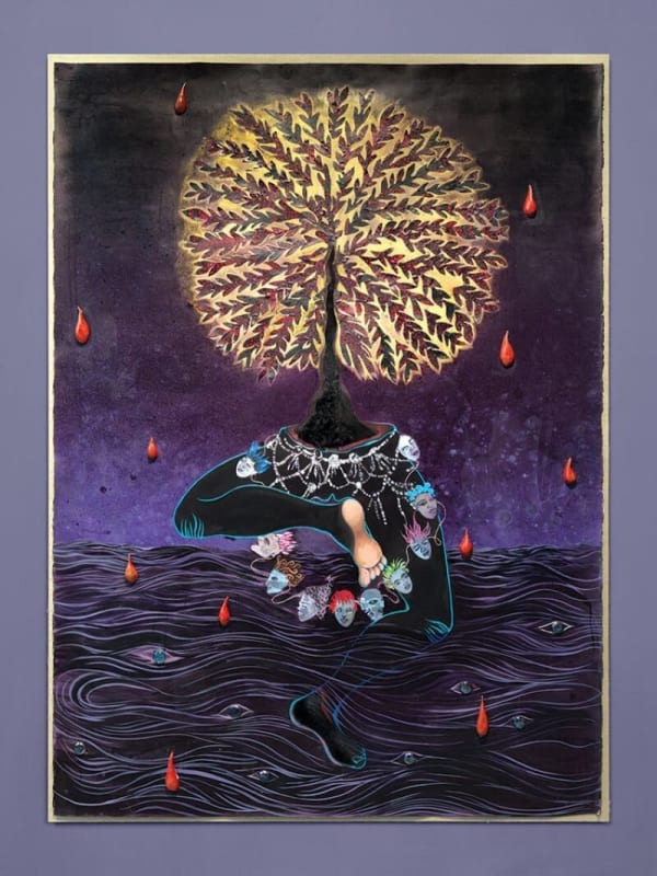 Tree of Life, 2019, acrylic, ink, embroidery, textiles, fur, ceramic, and glass marbles on paper; mounted on paper on linen, 71 × 52 inches.