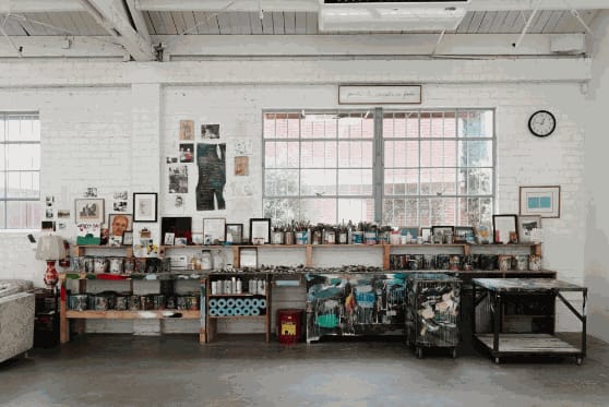 Enrique Martínez Celaya’s painting table in his Los Angeles studio. Image courtesy the artist.