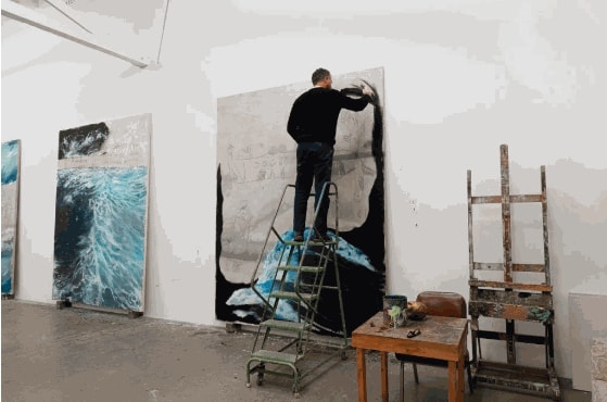 Enrique Martínez Celaya with work in progress for his exhibition at the Hispanic Society Museum and Library, 2024. Image courtesy the artist.