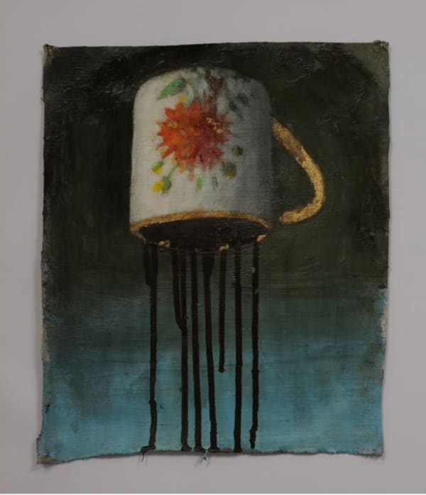 Omar Fakhoury, Spilling coffee brings good fortune 1, 2025 Acrylic on linen, 32.5 x 28 cm