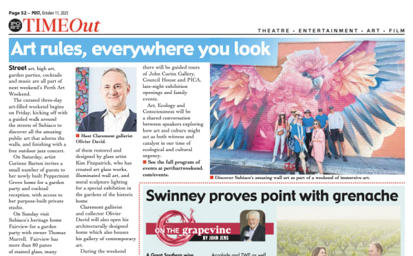 Newspaper clipping from The Post featuring an article titled “Art rules, everywhere you look,” highlighting OFFMARKET Gallery Director Olivier David and Perth’s growing public art and gallery scene. The page includes a portrait of Olivier David and a mura