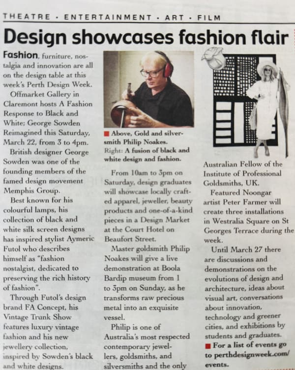 Newspaper article titled “Design showcases fashion flair” featuring OFFMARKET Gallery’s exhibition George Sowden: Black and White for Perth Design Week. The clipping includes photos of artist George Sowden and his geometric black-and-white artwork, highli