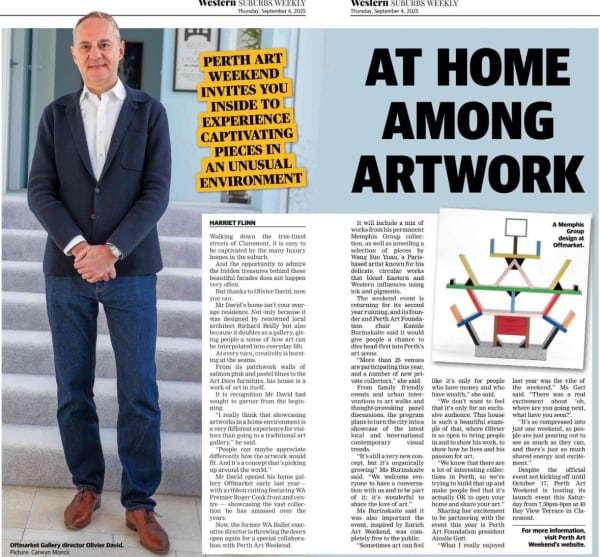 Newspaper feature titled “At Home Among Artwork” in PerthNow, highlighting OFFMARKET Gallery and Director Olivier David. The article introduces the gallery’s concept of exhibiting art within an architect-designed home, accompanied by a photo of Olivier Da