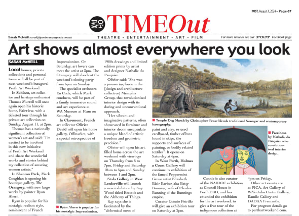 Newspaper article from The Post TIMEOUT section titled “Art shows almost everywhere you look,” featuring highlights from Perth Art Weekend. The piece includes mention of OFFMARKET Gallery among local exhibitions, with accompanying images of landscape and 