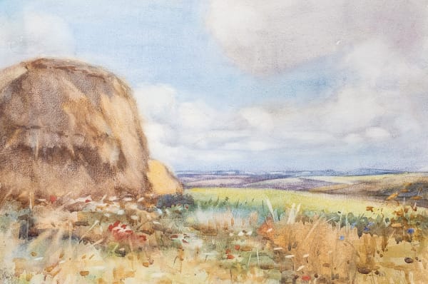 Beatrice Seddon Haystacks and Poppies, The Cotswolds Watercolour 30.5 x 45.5 cm