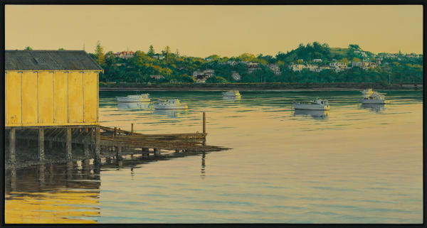 Justin Boroughs Evening Light on Ohinerau / Mt Hobson, 2025 Oil on board 52 x 90 cm Signed