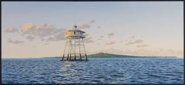 Justin Boroughs Bean Rock and Clouds, 2025 Oil on board 57 x 122 cm Signed