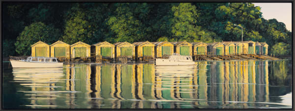 Justin Boroughs Boat Sheds and Two Launches, 2025 Oil on board 42 x 102 cm Signed