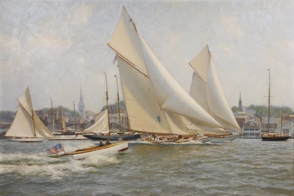 Anthony Blake, Newport 1904, Cornelius Vanderbilt's sloop Rainbow and his steamer Northstar anchored beyond