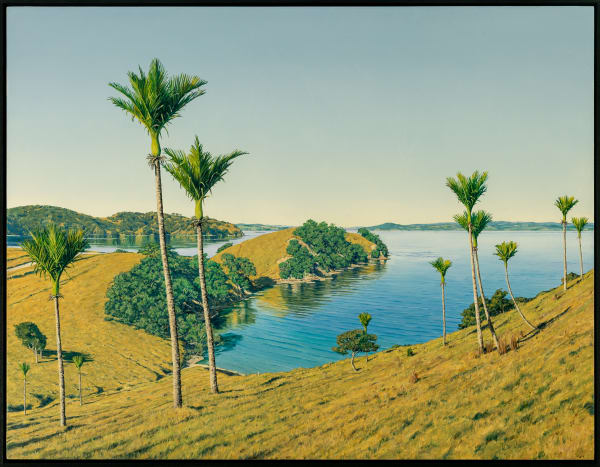 Justin Boroughs Nikau Palms at Awaawaroa Bay Waiheke, 2025 Oil on board 69 x 90 cm Signed