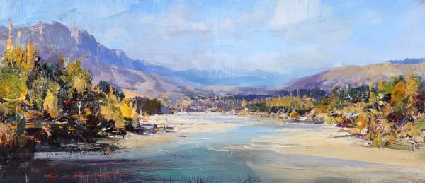 Ken Knight Autumn in Queenstown Oil on board 16 x 37 cm Signed