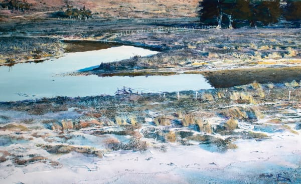 David Barker Fenceline Kaitoki, Great Barrier Island, 1976 Acrylic on board 55 x 89 cm Signed 1976