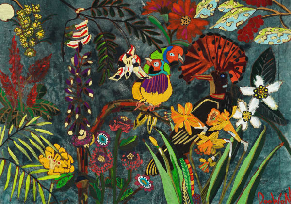 Colorful birds in flower garden 야간버드 in 화원도