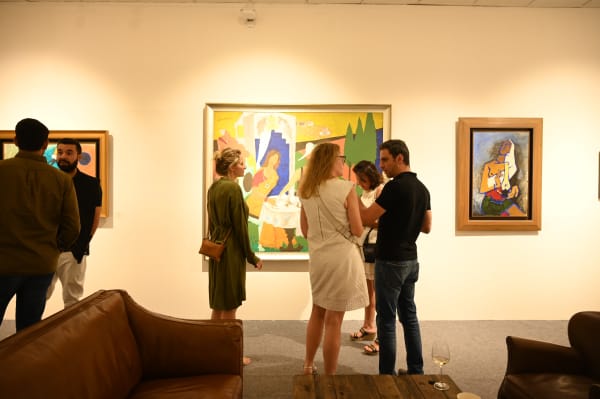 Visitors at Bikaner House on the Opening Night of 'Indian Modern Artists", 2022 Installation view