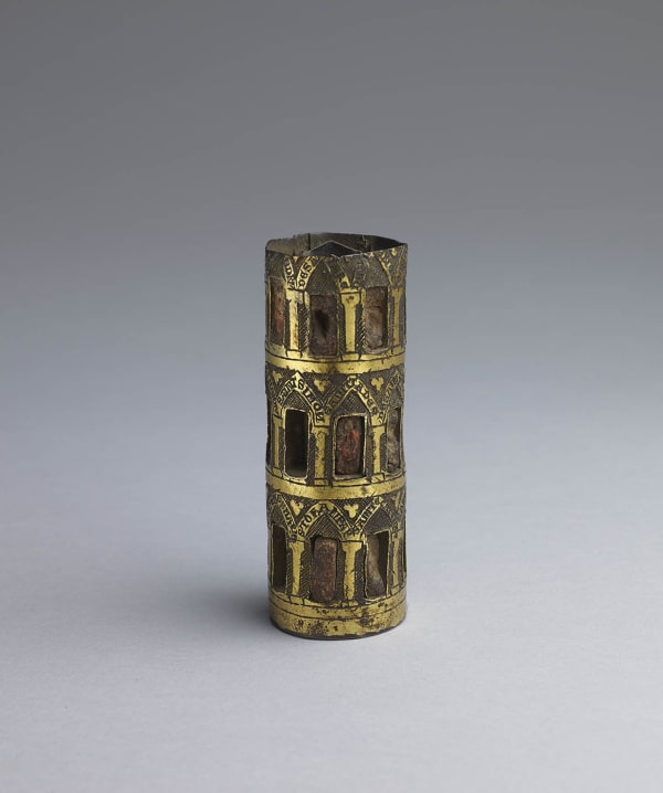 Tower reliquary, probably south-western central France (possibly Limoges), second half of the 13th century, copper alloy, gilded; h. 11.5 cm x diam. 4.3 cm