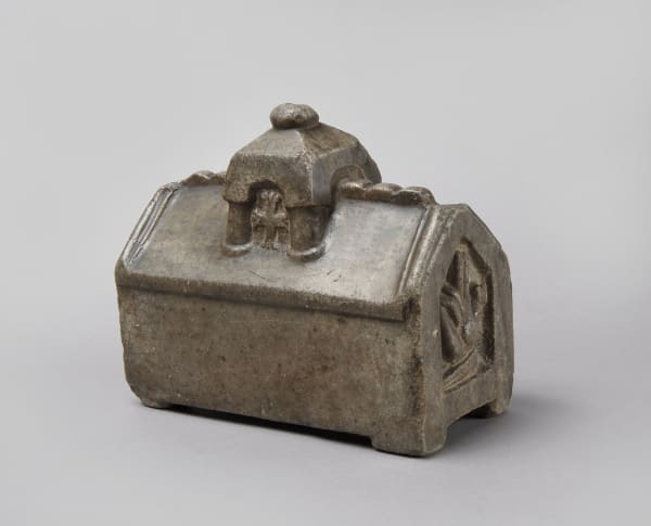 Reliquary Chest, French, 11th century, grey limestone or marble; h. 21 cm x w. 25 cm x d. 12 cm