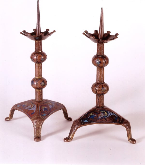 Pair of candlesticks, French, Limoges, c.1160-70, champlevé enamel on gilded copper; h. 24.5 cm and 25.2 cm