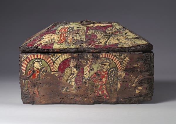 Casket painted with illustrations of the Prise d'Orange, Southern French, early 13th century, walnut painted with iron fittings; h. 24 cm x l. 44 cm x d. 17.5 cm