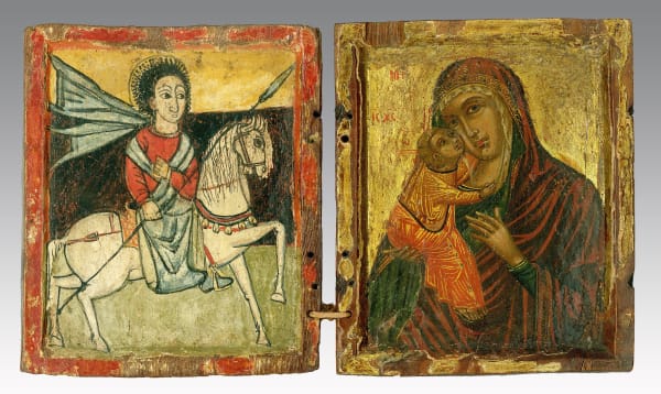 Diptych with St George and the Virgin Eleousa, Ethiopia and possibly Crete, c. 1500 and c. 1480-90, tempera and gold on wood; h. 12.2 cm x w. 20 cm (open)