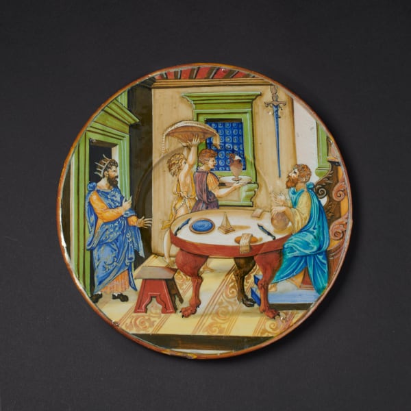 Plate with the story of the Sword of Damocles, signed and dated by Francesco Xanto Avelli (c.1486-c.1542), 1535