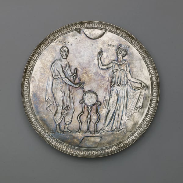 Plate with Aratos and Urania, Byzantine Empire (possibly Syria), late 6th - first half of the 7th century