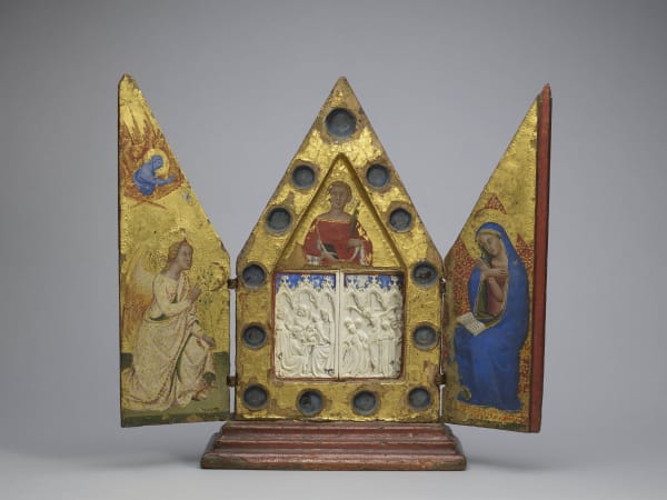 Reliquary triptych with the Annunciation, Saint Ansanus and plaques of the Adoration of the Magi and the Crucifixion, painted by Bartolo di Fredi (c. 1330-1410), Tuscan (Siena) and French (Ivory plaques), c. 1370 (triptych), c.1350-70 (ivory plaques)