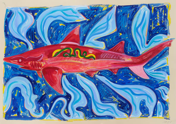 Night Shark, Gouache, Crayon, and Oil Pastel on Paper, 29.5x42", 2021