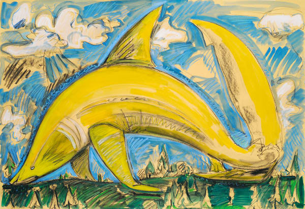 Giant Gold Shark in Landscape, Mixed Media on Yellwo Paper, 27x42", 2024