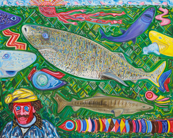 Eye of the Greenland Shark, 1622-2022, Oil Stick, Oil Paint, and Wax on Linen Mounted on Wood, 48x60", 2022