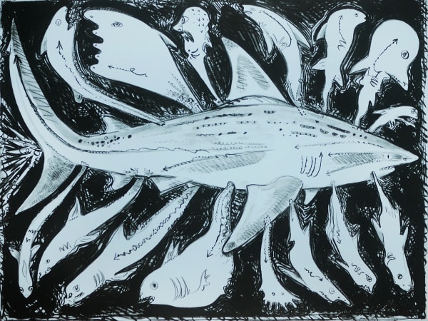 Ghosts of the Digestive Track, Lithograph on Magnani Pescia Blue, Edition of 12, 22x30", 2023 Printed at Milestone Graphics