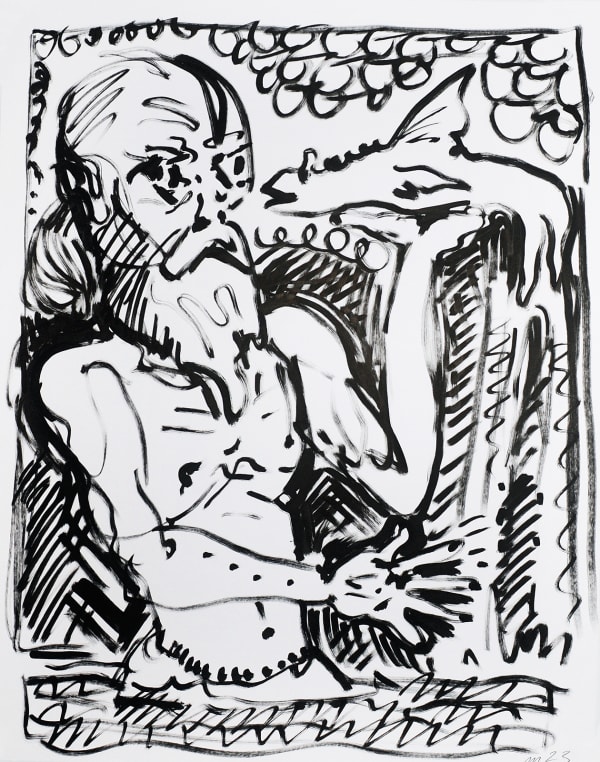 Talking to Pushkin's Fish, Ink on Paper, 30x22", 2023