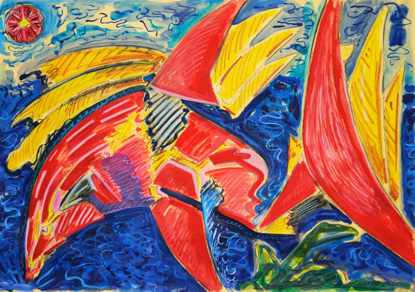 Deconstructing a Shark, Mixed Media on Yellow Paper, 27x42", 2024